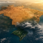 Mapa climático ilustrativo do Brasil sob influência de um El Niño intenso, com nuvens carregadas no Sul e áreas secas no Norte e Centro-Oeste, sem textos ou números.