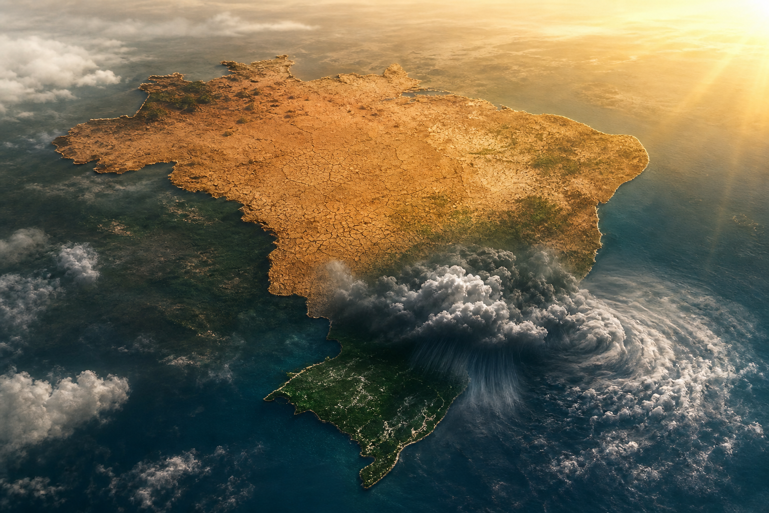 Mapa climático ilustrativo do Brasil sob influência de um El Niño intenso, com nuvens carregadas no Sul e áreas secas no Norte e Centro-Oeste, sem textos ou números.