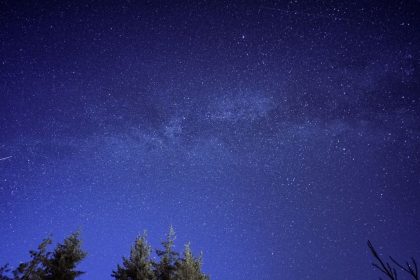 Estrela cadente riscando o céu estrelado acima da silhueta de uma floresta.