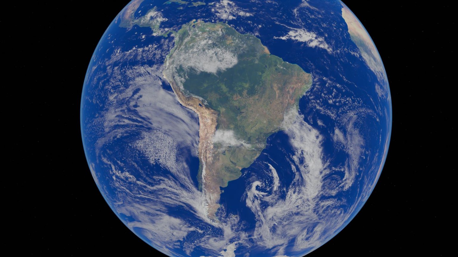 Imagem de satélite da América do Sul vista do espaço, com o continente cercado pelo oceano.